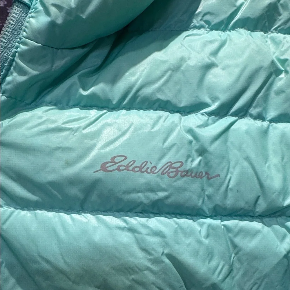 Eddie Bauer reversible navy print / aqua Hooded puffer Jacket 14/16 large kids
